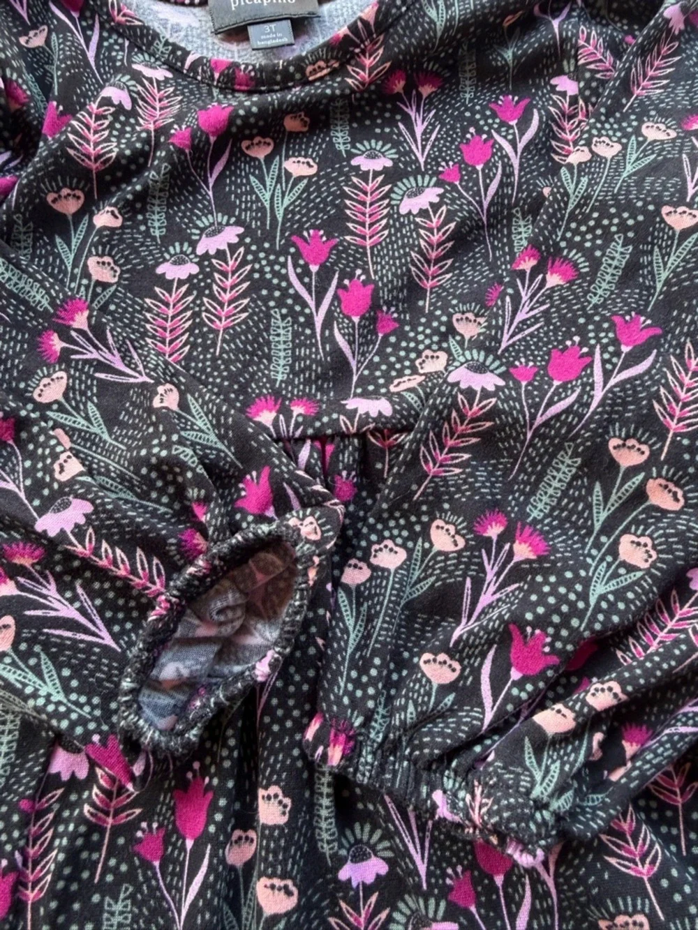 Girls' Black Floral Long-Sleeve Casual Dress with Pink Accents Size 3T